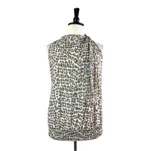 French Laundry Women’s Top High Tie Neck Blouson Tan White Animal Print Size XL